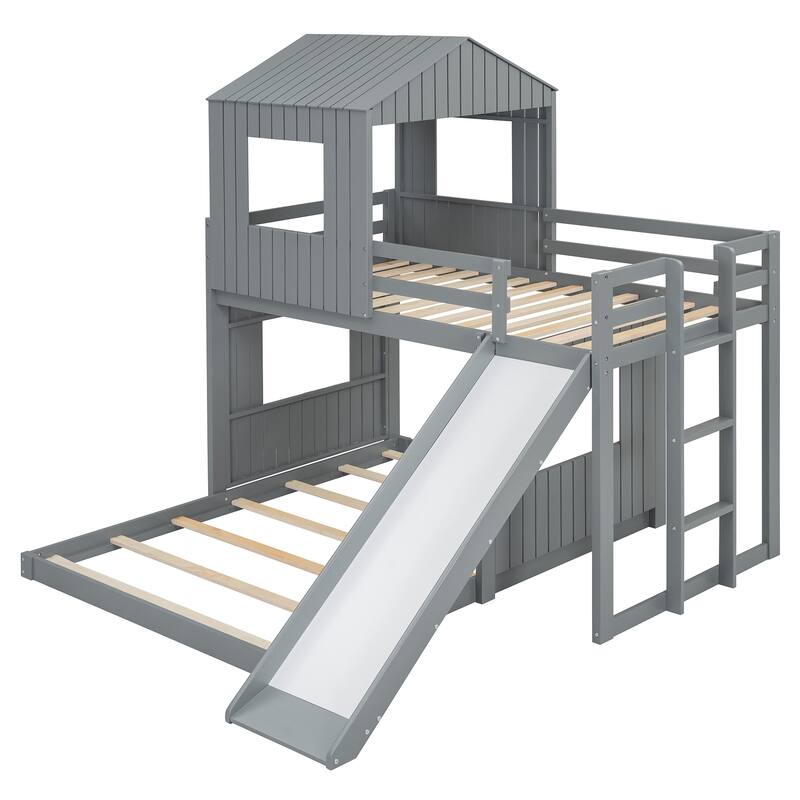 Wooden Twin Over Full Bunk Bed, Loft Bed with Playhouse, Farmhouse, Ladder, Slide and Guardrails, Gray