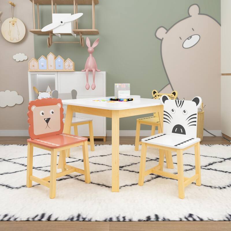 Anmytek 5-Piece Kids Table and Chair Set with Animal Themed Chairs, Solid Wood Children's Furniture for Playroom