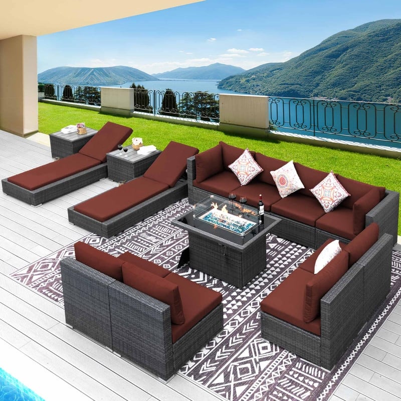 FINCATI 13 Pcs Patio Outdoor Wicker Furniture Sectional Sofa Set with Lounge Chair - 13 PCS - Red