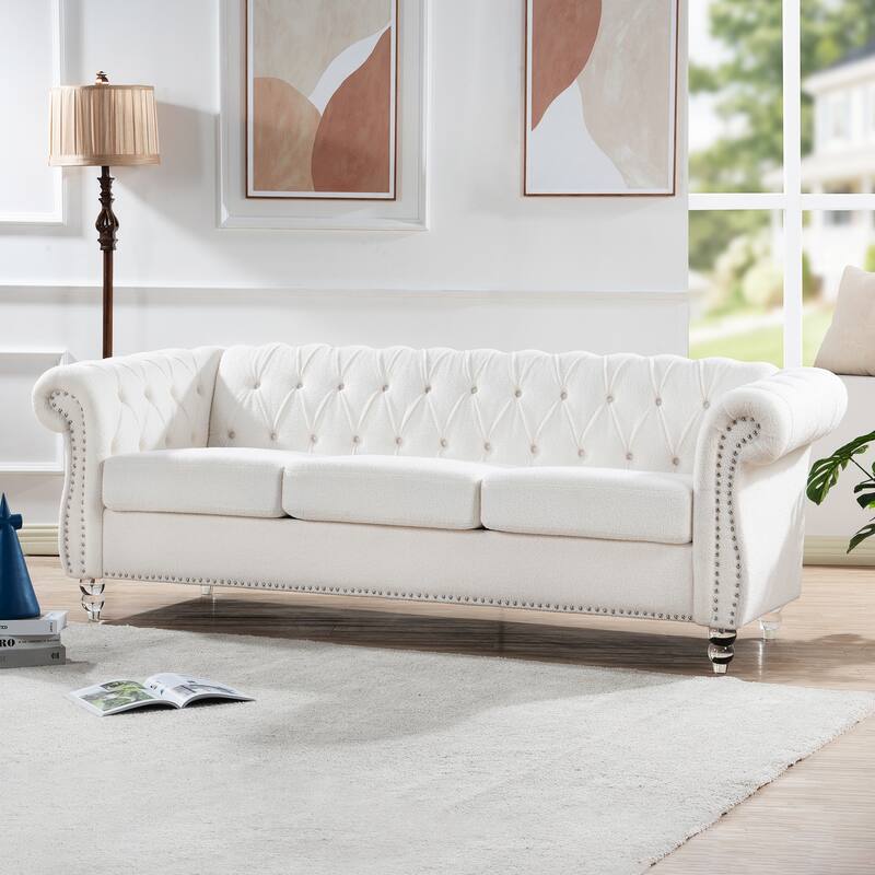 84.65"PU Rolled Arm Chesterfield Three Seater Sofa.