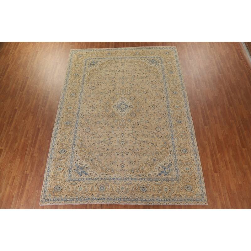 Hand Knotted Oriental 100% Wool Carpet Traditional Floral Beige & Ivories Kashan Area Rug - 13' 3'' X 9' 8''