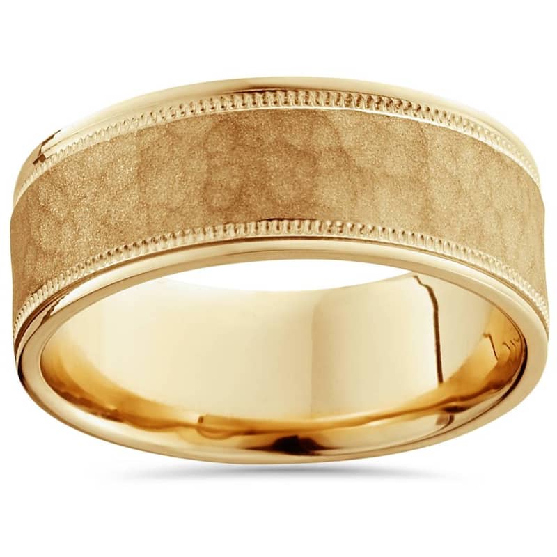 8mm Hammered Mens Wedding Band Yellow Gold