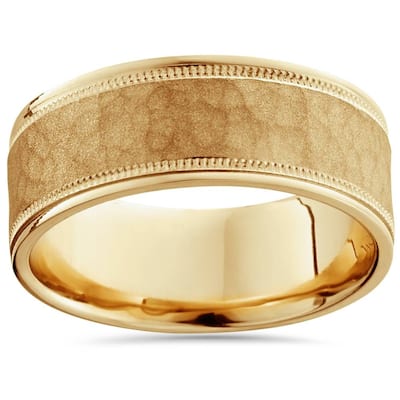 8mm Hammered Mens Wedding Band Yellow Gold