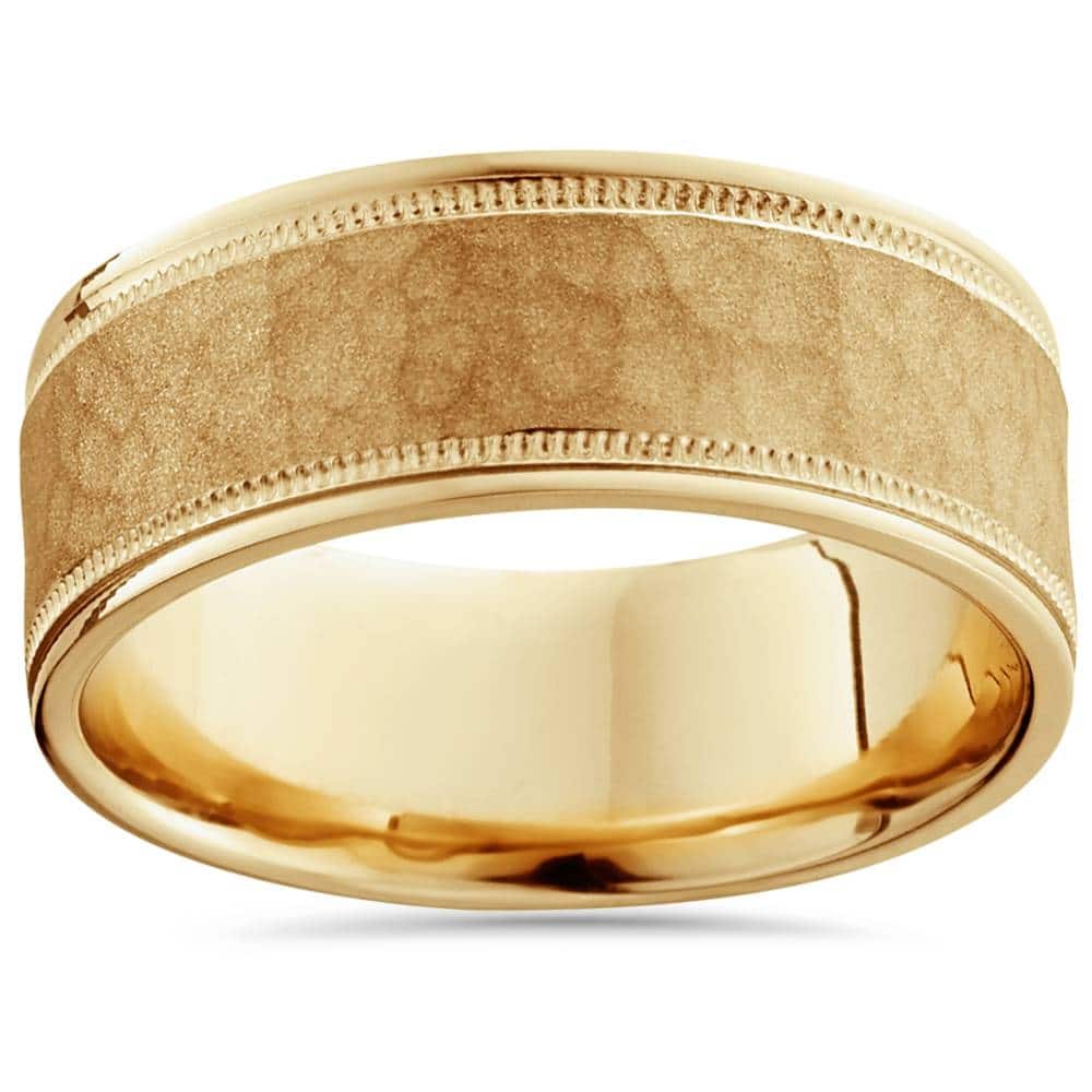 Bliss Diamond8mm Hammered Mens Wedding Band Yellow Gold