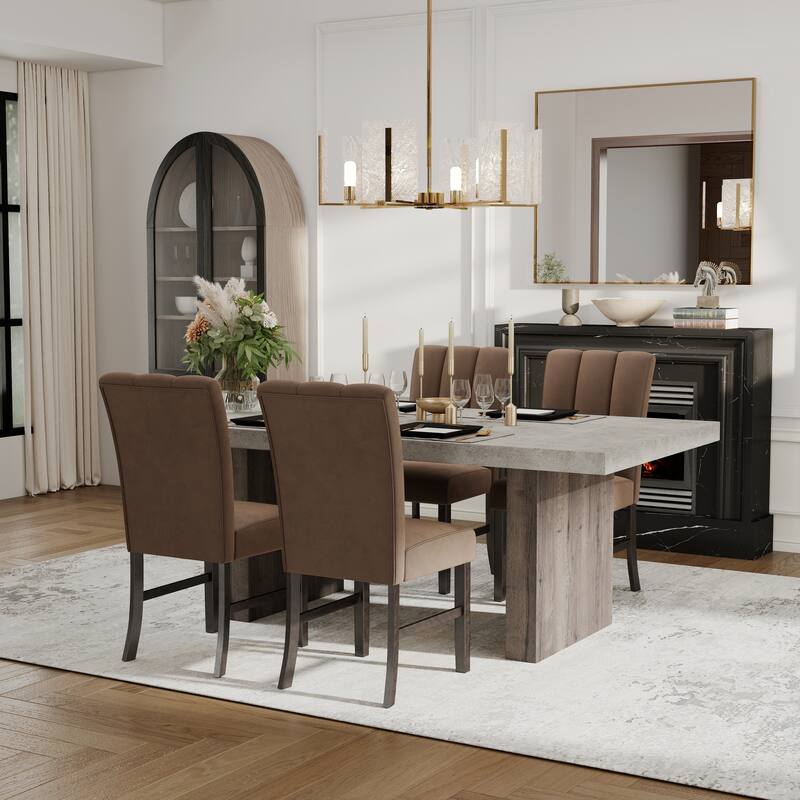 Roundhill Furniture Sorlen 5-Piece Dining Set, 3D Faux Concrete Table with 4 Chocolate Fabric Chairs