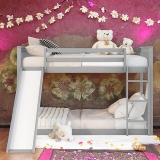 Full over Full Bunk Bed with Slide and Ladder in Grey, Easy Assembly