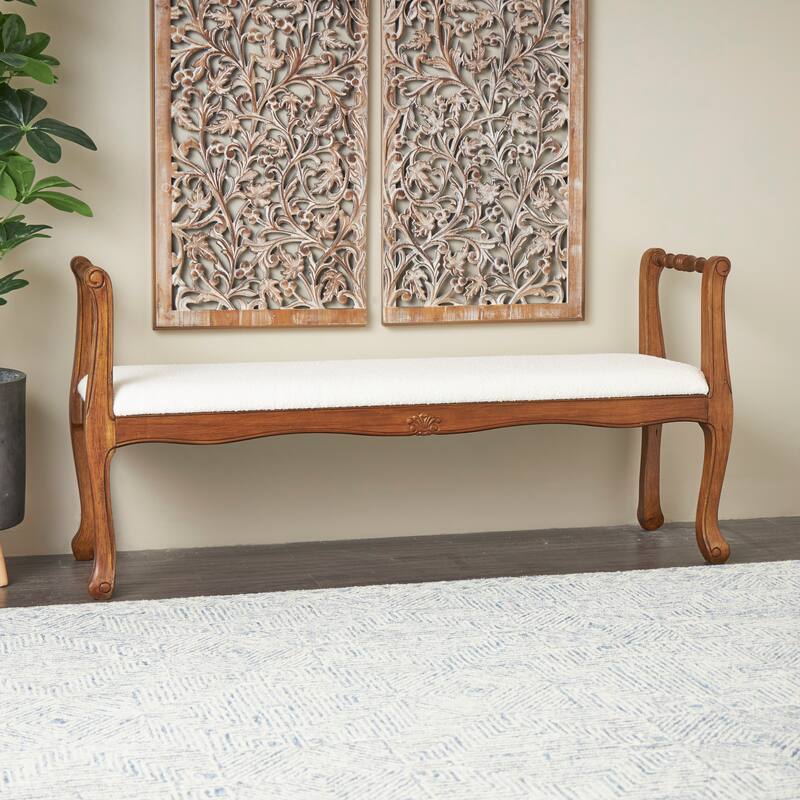 Fabric Arm Bench with Brown Traditional Wood Turned Legs - Cream - Roche River Decor - 16"W x 55"L x 27"H