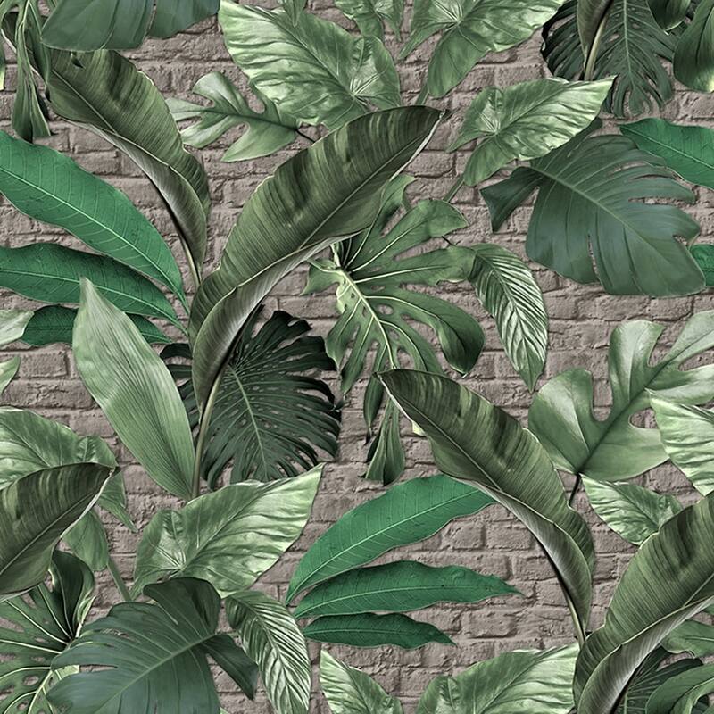 Galerie Wallcoverings The Loft Collection Tropical Leaf Brick 3-Panel Wall Mural - 8.8-feet high x 62.5-inches wide - Beige