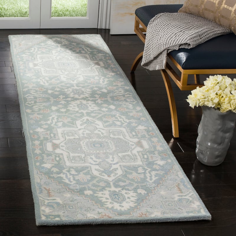 SAFAVIEH Handmade Heritage Fountain Swirl Traditional Oriental Wool Rug - 2'3" x 8' Runner - Blue/Ivory