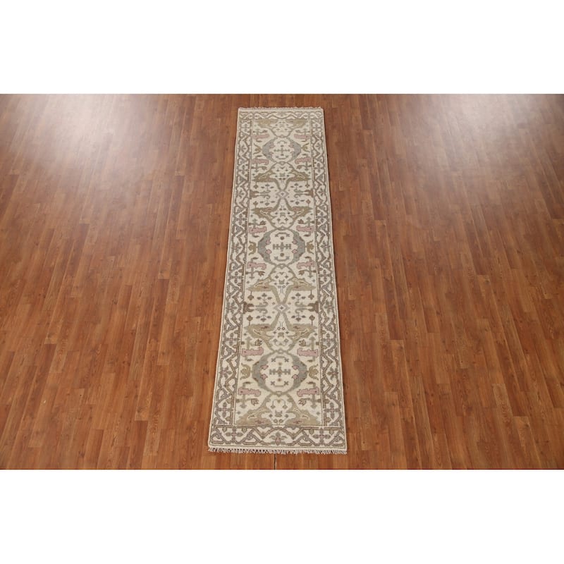 Ivory Oushak Style Runner Rug Hand-knotted Wool Carpet - 2'6"x 9'9"