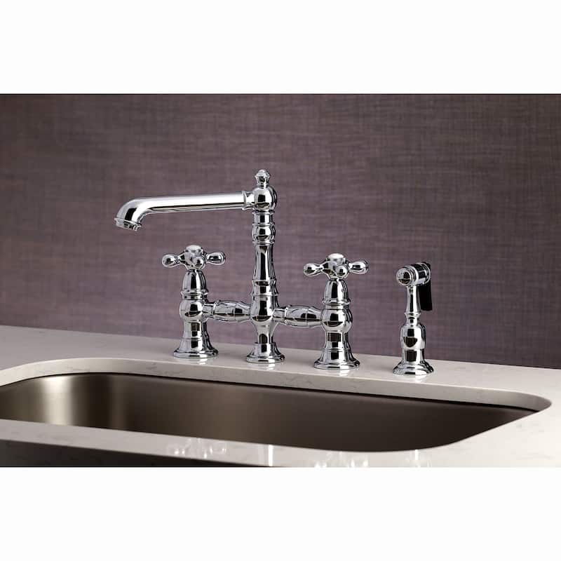 English Country Bridge Kitchen Faucet with Sprayer in Matte Black
