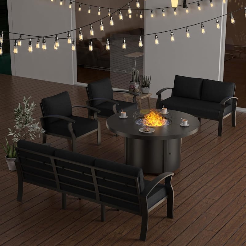 Patio Aluminum Sofa with Armrests, Outdoor Conversation Set with Round Fire Pit Table 5inch Thick Seat Cushions