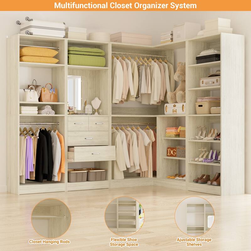 Cimly Set of 3 Large Corner Closet System, Space-saving Closet Organizer with Hanging Rods, Adjustable Shoe Rack and Shelves