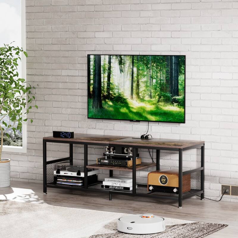 VECELO 55 Inch Brown TV Stand TV Media Console Table Entertainment Center with Power Outlets and Open Storage Shelves