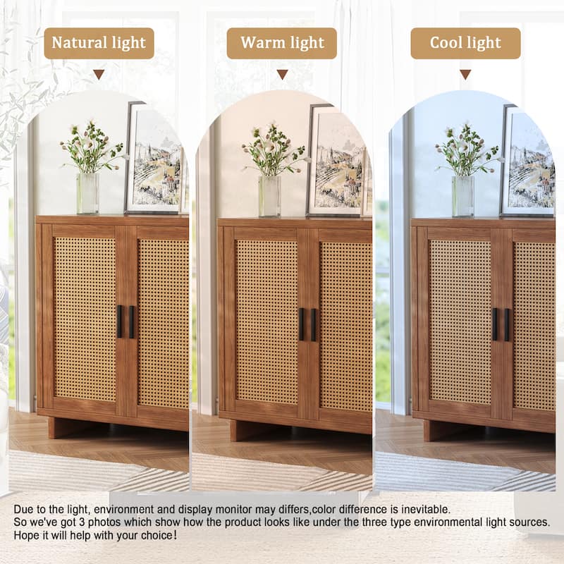 Mid-Century Modern Rattan Sideboard Storage Accent Cabinet with 2 Door