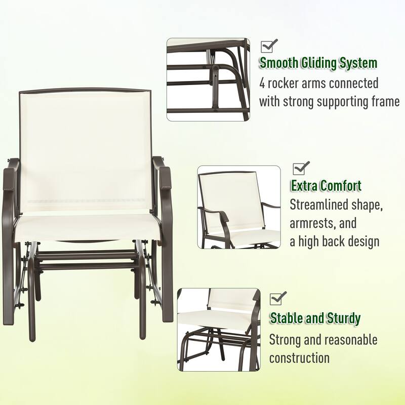 3-Piece Outdoor Rocking Glider Set with Glass Side Table, Cream White Patio Chairs with Breathable Mesh and Steel Frame