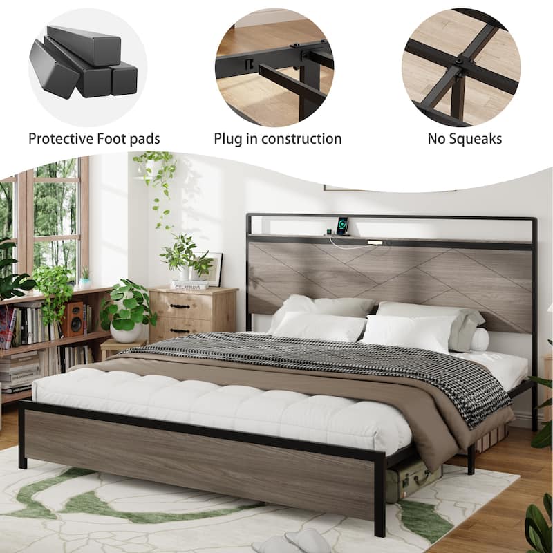 Platform Bed Metal Bed Frame with Wood Headboard Footboard, Headboard with Storage Rack, Touch Lamp, USB Ports, Antique Grey