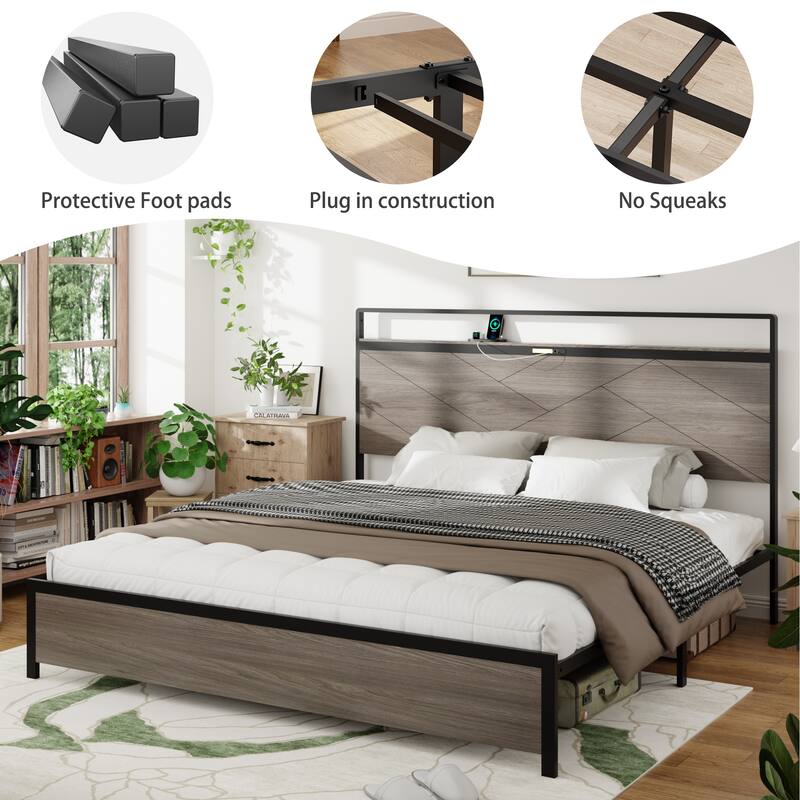 Roomfitters Wood Platform Bed Frame with Charging Station, Illuminated Headboard & Large Under-Bed Storage, Antique Grey