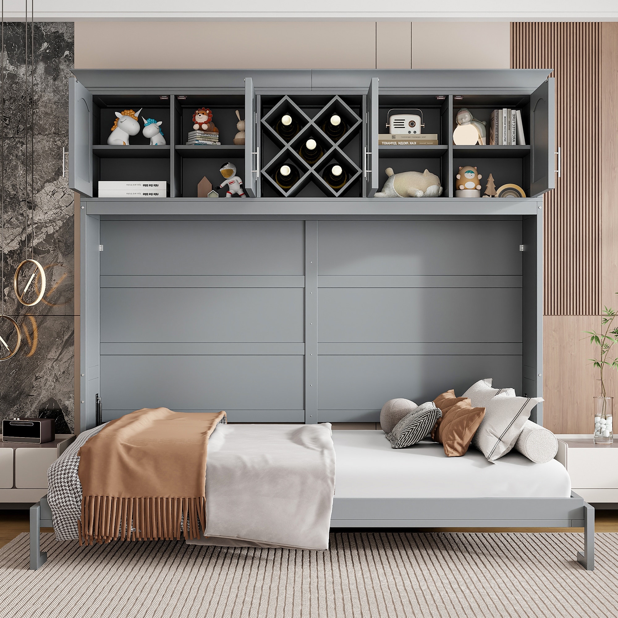 Queen Size Murphy Bed with Top Cabinets & Wine Rack, Gray