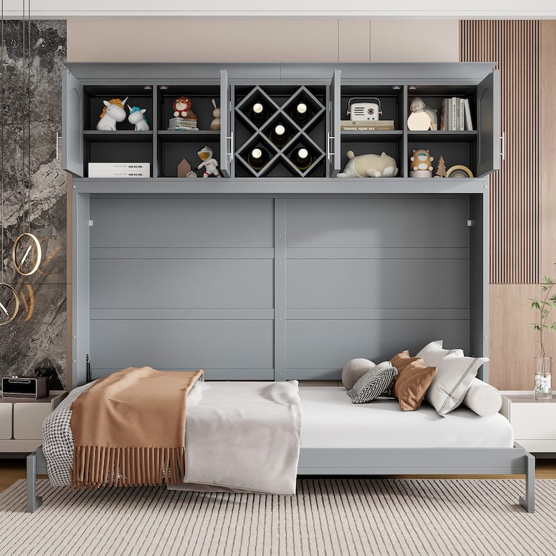 Queen Size Wall Murphy Bed with Storage, Wood Foldable Platform Bed Frame with Top Cabinets and Wine Rack - Gray - Queen