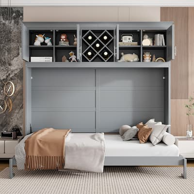 Queen Size Wall Murphy Bed with Storage, Wood Foldable Platform Bed Frame with Top Cabinets and Wine Rack