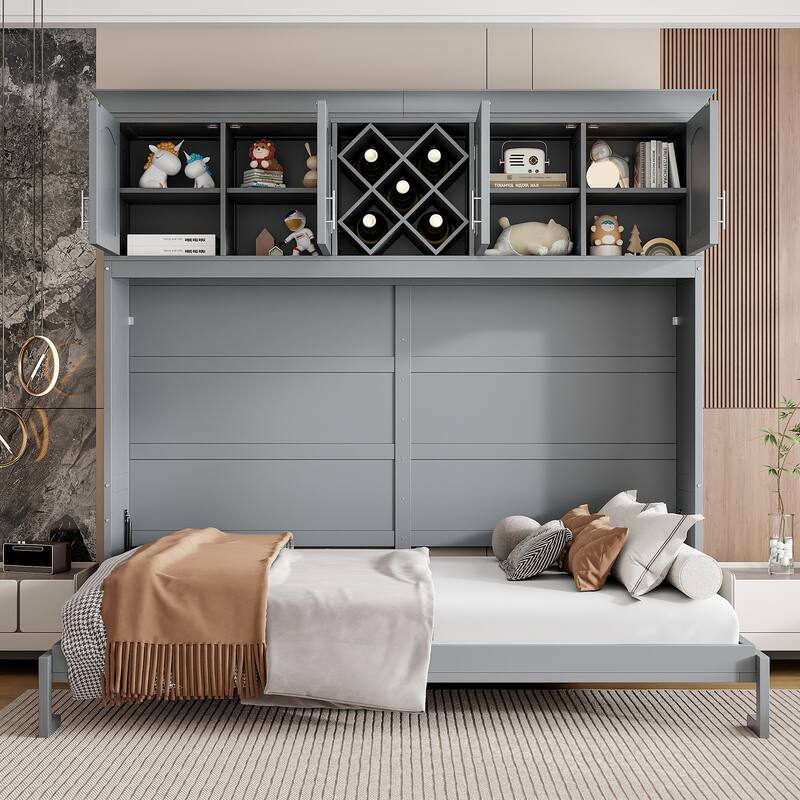Queen Wall Bed with Upper Storage Cabinets and Built-In Wine Rack, Folding Murphy Bed with Slatted Base