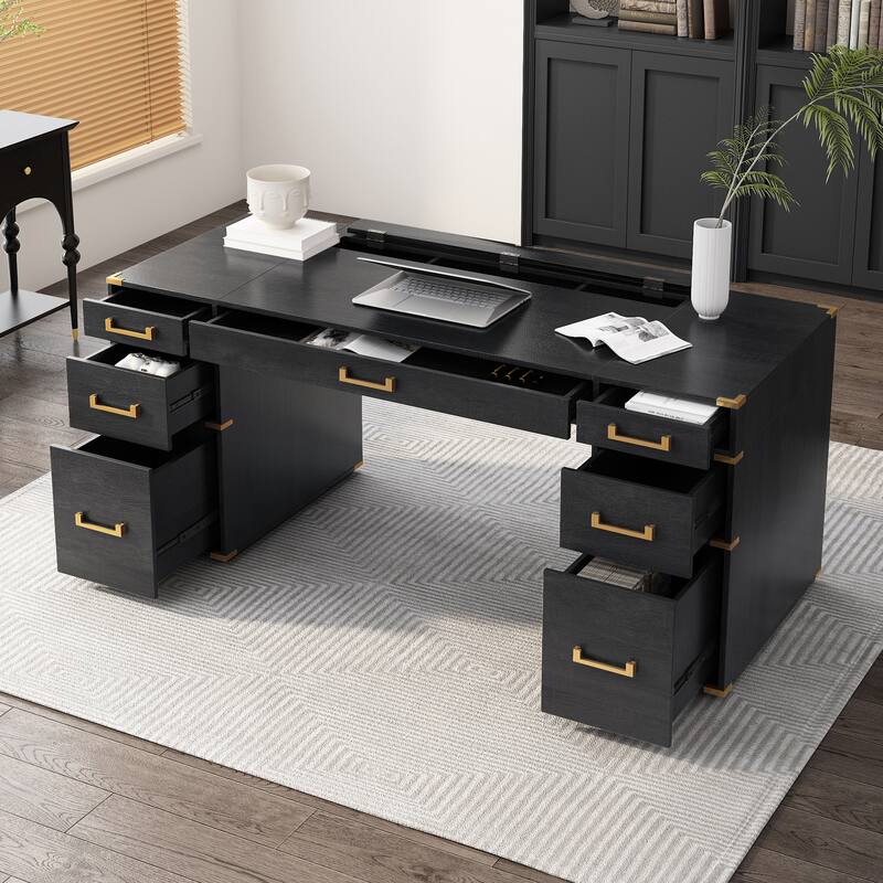70" Traditional Executive Desk with Metal Trim, 2 File Drawers, USB Ports & Hidden Compartment