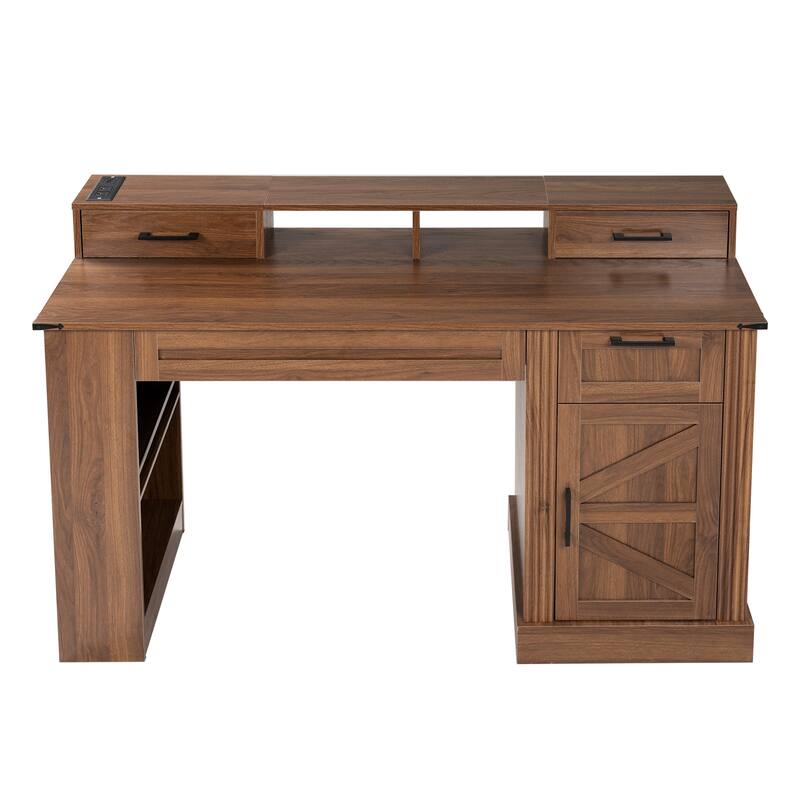 55" Farmhouse Office Desk with Storage, Charging Station, Barn Door & Keyboard Tray