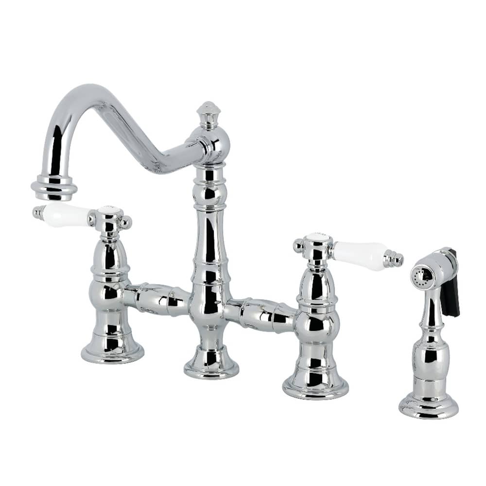 Kingston Brass Bel-Air Two-Handle 4-Hole Deck Mount Bridge Kitchen Faucet with Brass Side Sprayer
