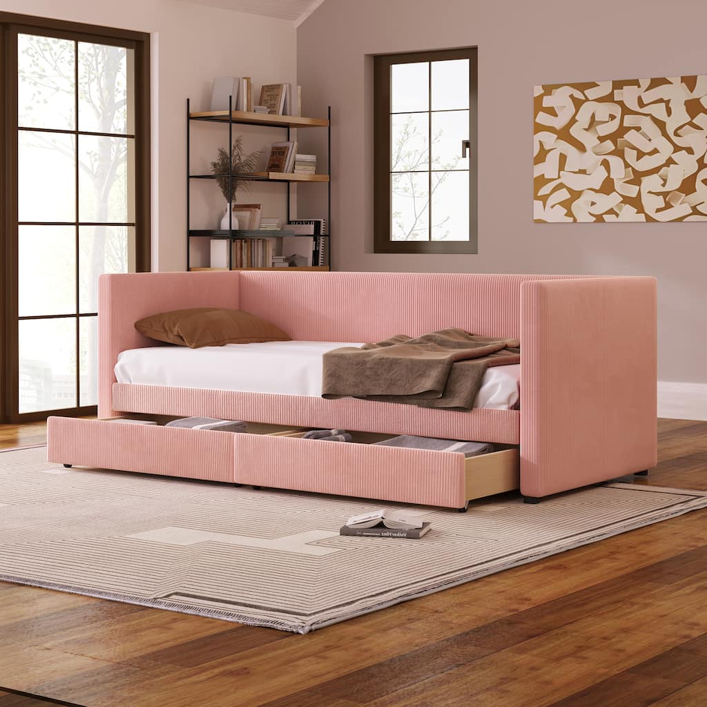 Corduroy Sofa Bed Twin Daybed Storage Bed Sleeper Sofa wDrawers, Pink
