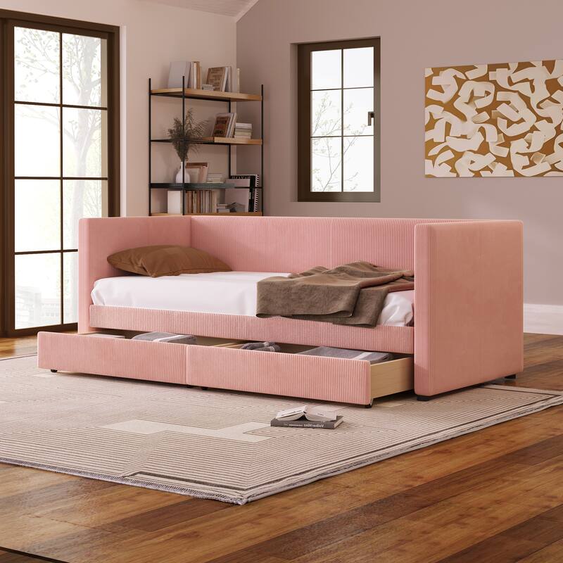 Pink Corduroy Twin Size Daybed with Two Drawers and Wood Slat Support, No Box Spring Required, Easy Assembly - Pink
