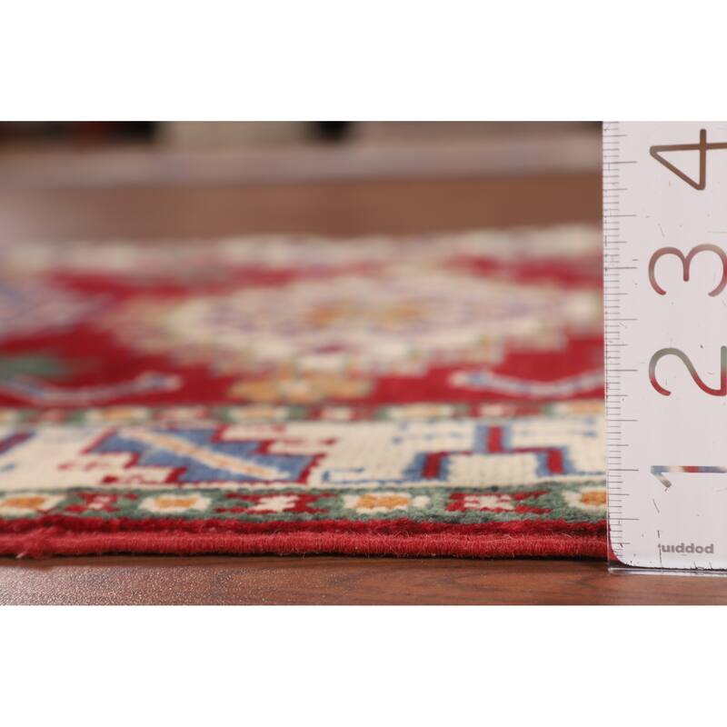Geometric Red Kazak Accent Rug Hand-Knotted Foyer Wool Carpet - 2'9" x 4'1"