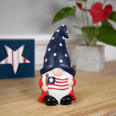 Patriotic Gnome Holding the American Flag Outdoor Garden Statue - 6"