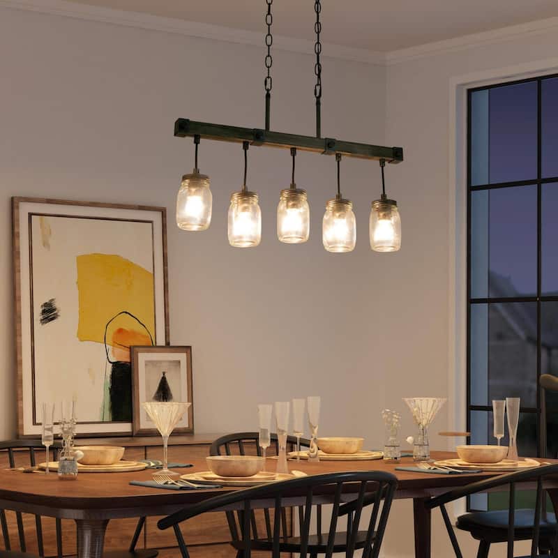 Walton Modern Farmhouse 5-Light Linear Chandelier Mason Jar Glass Kitchen Island Light - L 25.5" x W 3" x H 17"