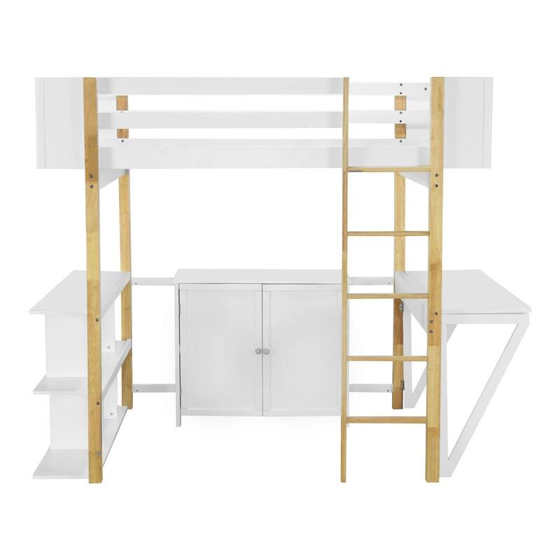 Wood Loft Bed With Built-in Storage Cabinet,Cubes and Foldable desk