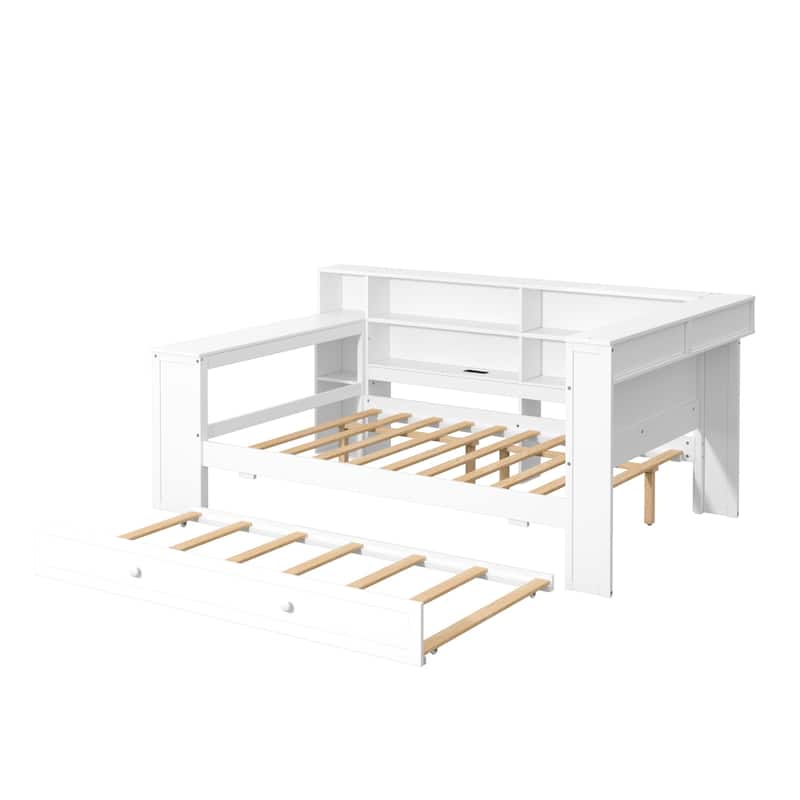 Wood Daybed with Desk, LED Upholstered Headboard, Storage Shelves Built-in Charging Station, Optional Drawers or Trundle