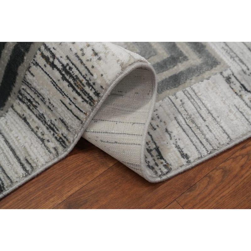 Machine Made Oriental Polyester Carpet Geometric Greys & Charcoal Distressed Area Rug - 7' 5'' X 5' 2''
