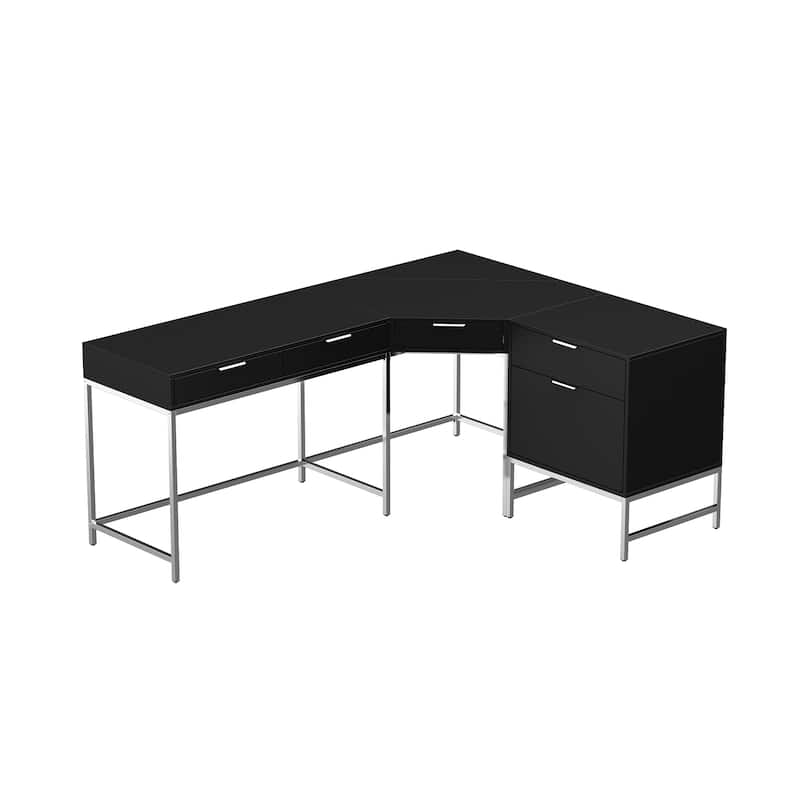 L-Shaped Black Wood Grain Office Desk with Drawers,Steel Frame, Modern Executive Workstation