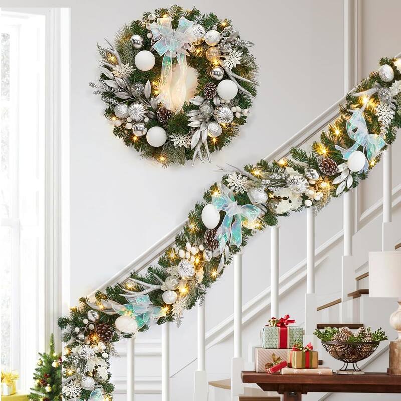 24" Pre-Lit Christmas Wreath for Front Door, Silver White