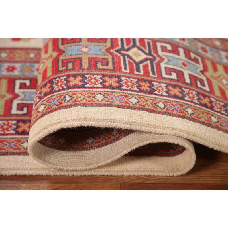 Ivory Geometric Kazak Area Rug Hand-Knotted Wool Carpet - 6'9" x 9'10"