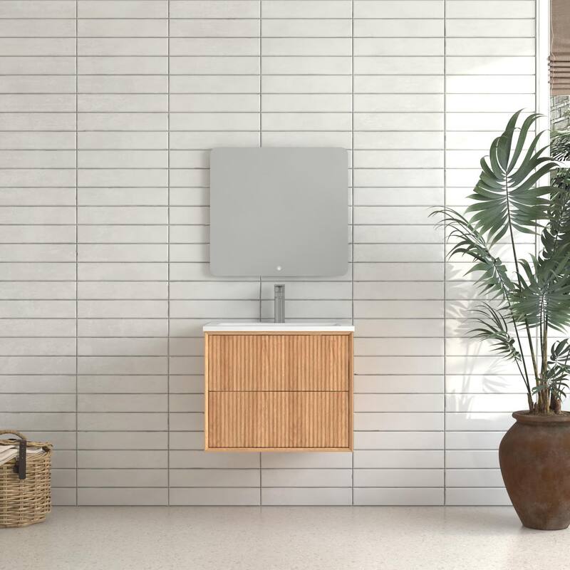 24'' Floating Bathroom Vanity Set,Wall Mounted Solid Wood Cabinet with 2 Storage Drawers,Resin Integrated Basin - Walnut