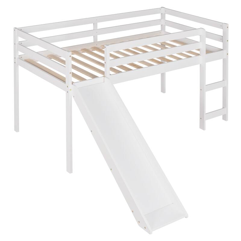 Twin Size Platform Bed Loft Bed with Ladder, Slide and Guardrails