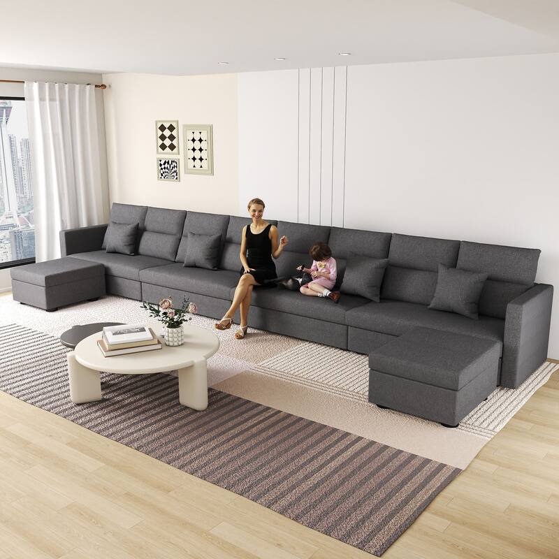 Linen Sectional Couches Modular Sofa with Ottoman for Living Room - Grey