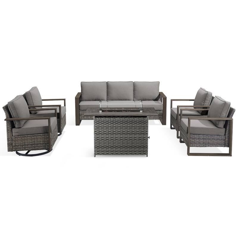 Meyreso Wicker Outdoor Patio Fire Pit Set with Swivel Gliders and Olefin Cushions