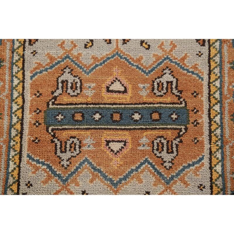 Hand Knotted Oriental 100% Wool Carpet Traditional Geometric Greys & Charcoal Heriz (serapi) Runner Rug - 8' 0'' X 2' 7''
