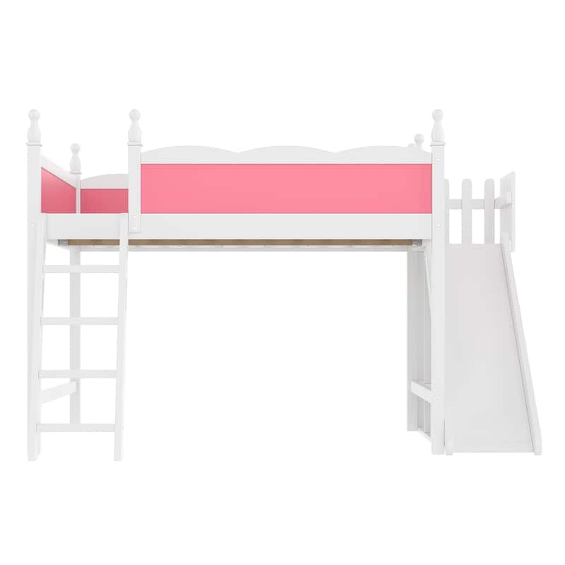 Queen Loft Bed with Storage Shelves and Wardrobe, Solid Wood Loft Beds with Detachable Slide and Ladders, No Spring Box Needed