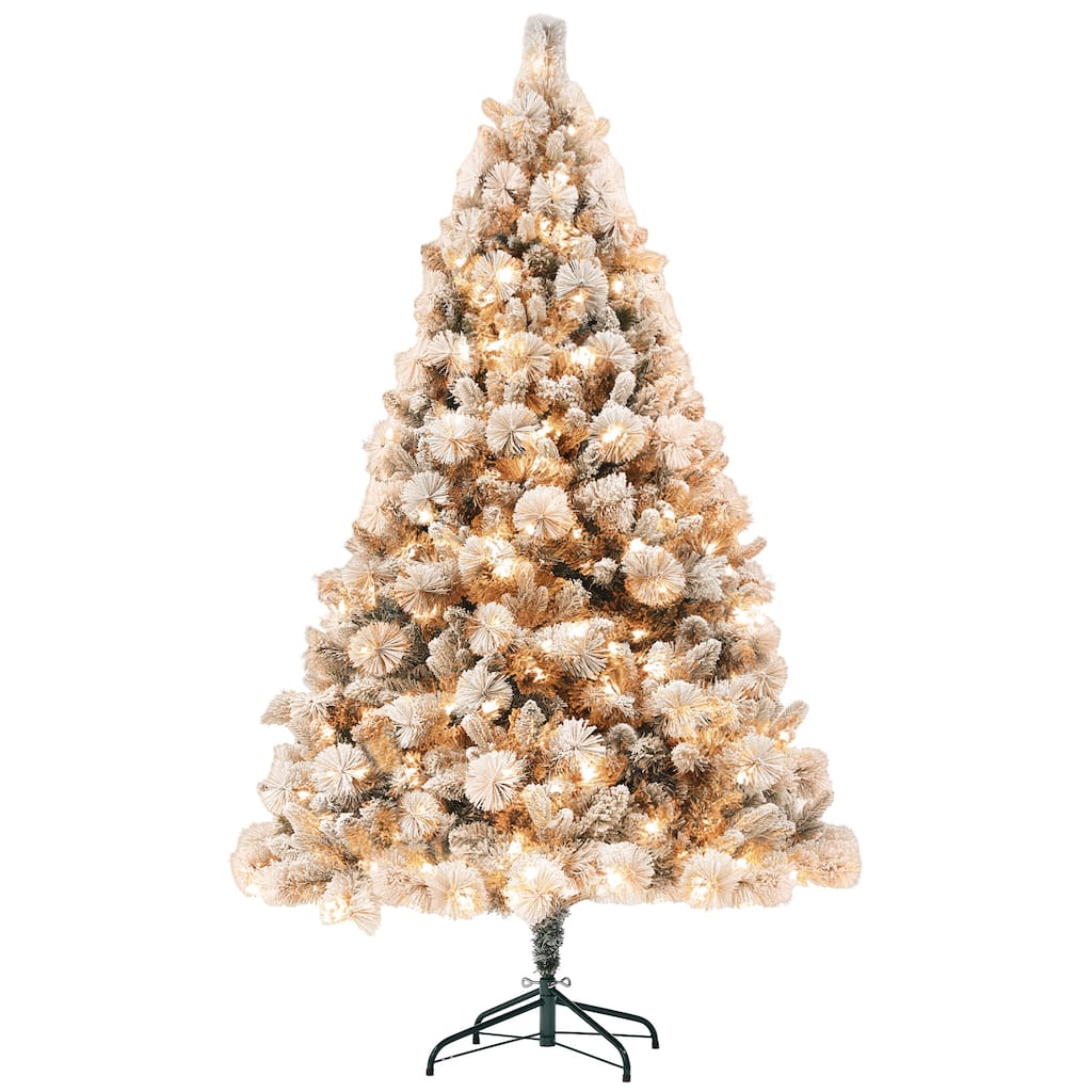 6.5 ft Pre-Lit Artificial Christmas Tree with 350 Clear Lights and 1107 Tips, Snow Flocked Christmas Tree with Metal Stand