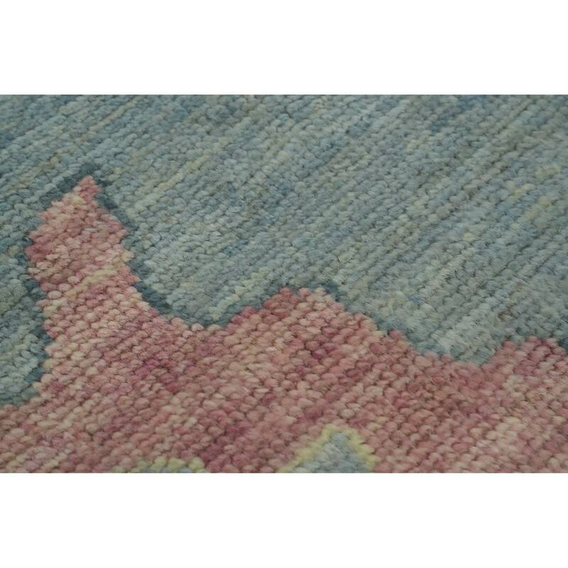 Floral Blue Wool Oushak Vegetable Dye Area Rug, Floral Geometric Carpet - 12' 4'' X 9' 4''