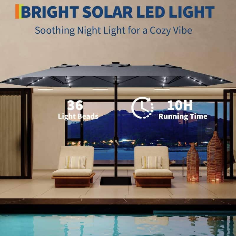 15FT Double-Sided Patio Umbrella with with LED and Base Included for Pool Lawn Garden