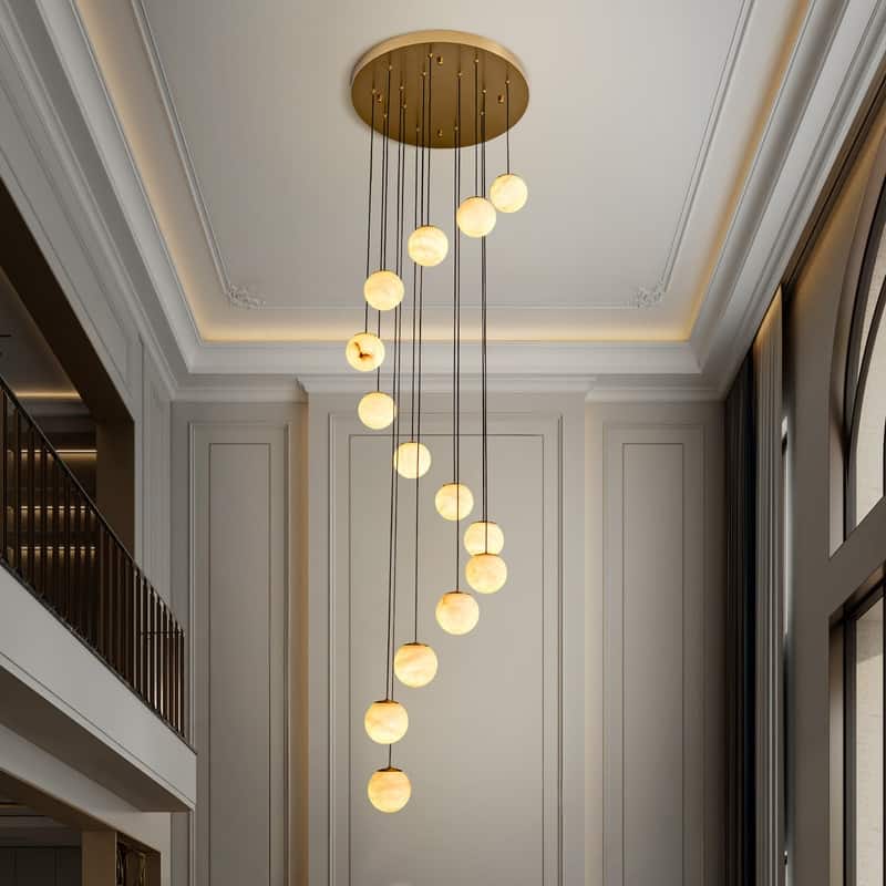 KAYLA Luxury 14-Light Alabaster Globe Chandelier in Vintage Copper Finish, Grand Pendant Light for Stairwells or Foyers - 138in - Gold